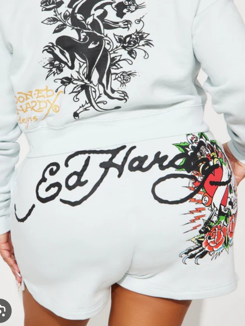 Ed Hardy Light Blue Logo Roses Skull Heart Y2K Style Shorts Size 1X Plus NWT